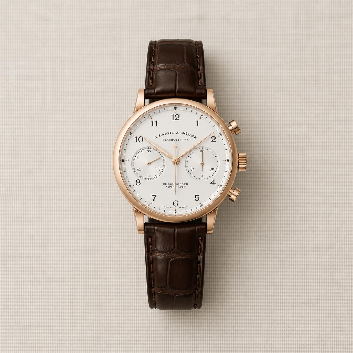 Gold chronograph with a white dial on a brown leather strap